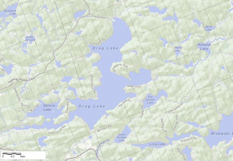 Topographical Map of Drag Lake in Municipality of Haliburton and the District of Haliburton